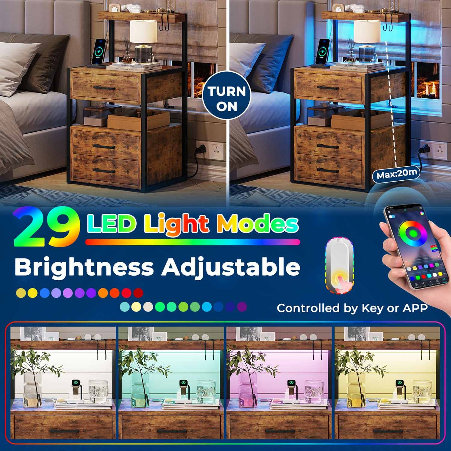 AOGLLATI Nightstands Brown / Metal / Modern AOGLLATI Nightstand with Charging Station and LED Lights Rustic Brown