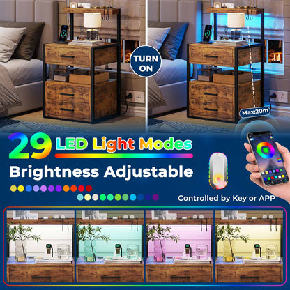 AOGLLATI Nightstands Brown / Metal / Modern AOGLLATI Nightstand with Charging Station and LED Lights Rustic Brown