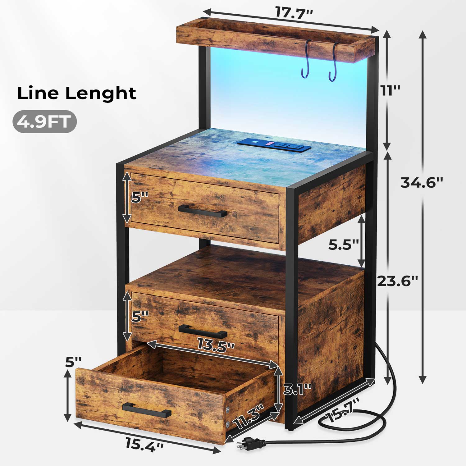 AOGLLATI Nightstands Brown / Metal / Modern AOGLLATI Nightstand with Charging Station and LED Lights Rustic Brown