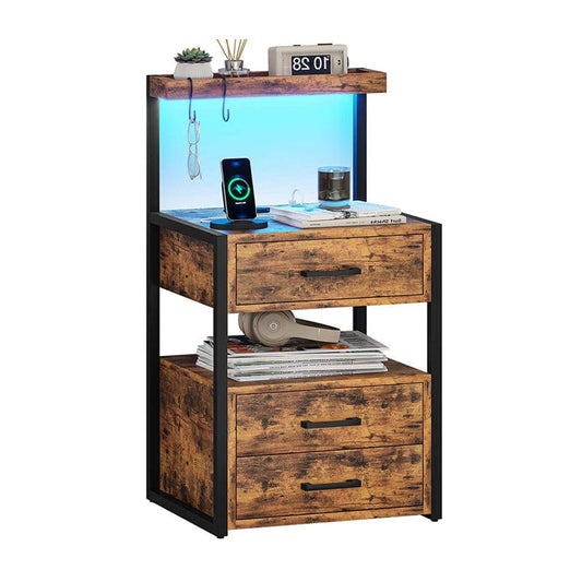 AOGLLATI Nightstands Brown / Metal / Modern AOGLLATI Nightstand with Charging Station and LED Lights Rustic Brown