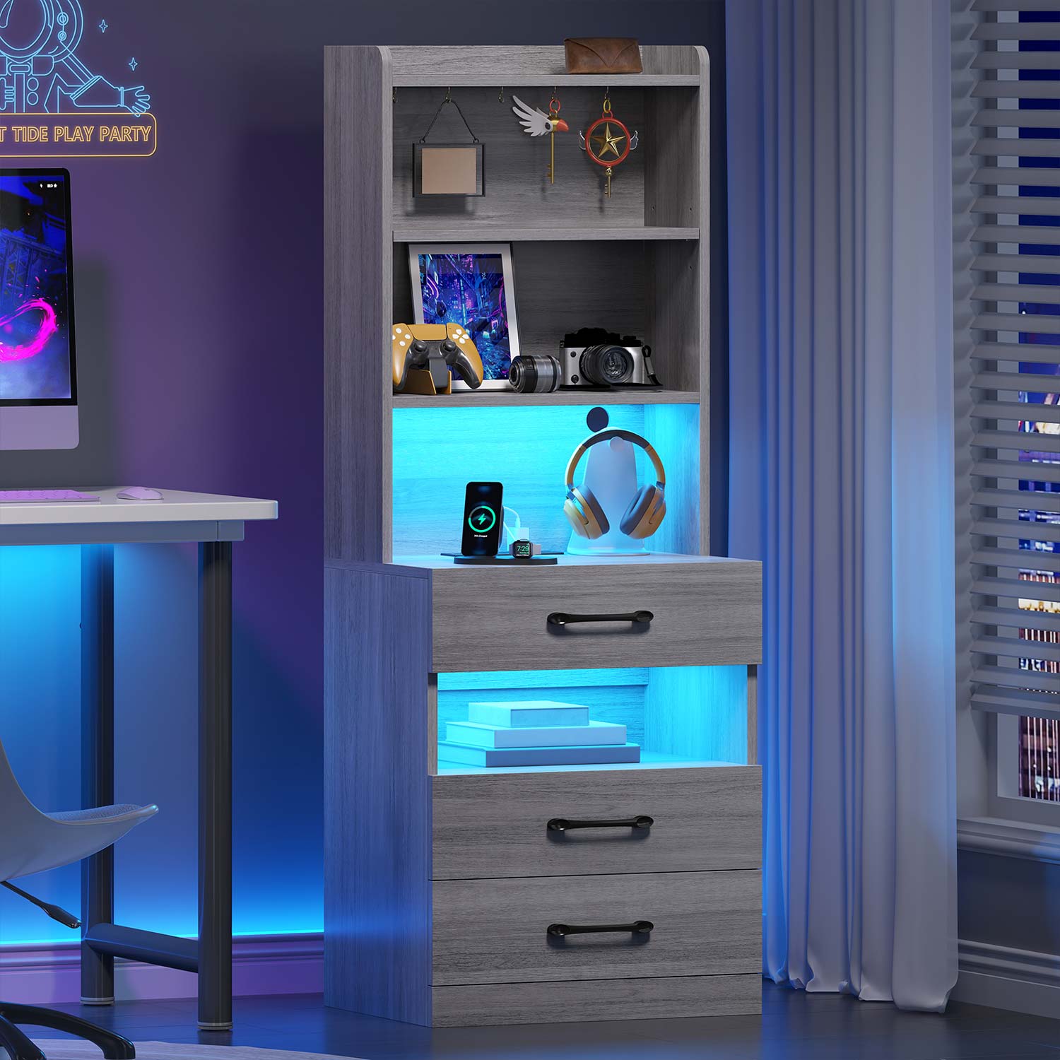 AOGLLATI Nightstands Grey Modern LED Tall Nightstand with Charging Station Grey