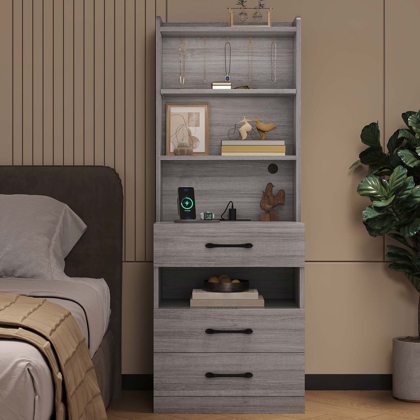 AOGLLATI Nightstands Grey Modern LED Tall Nightstand with Charging Station Grey