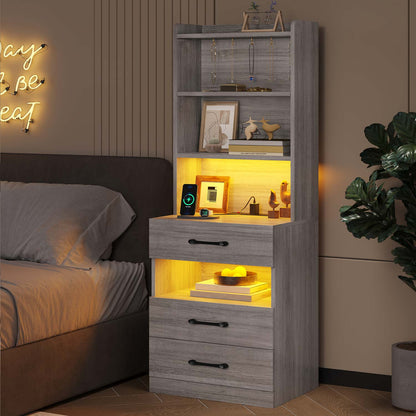 AOGLLATI Nightstands Grey Modern LED Tall Nightstand with Charging Station Grey