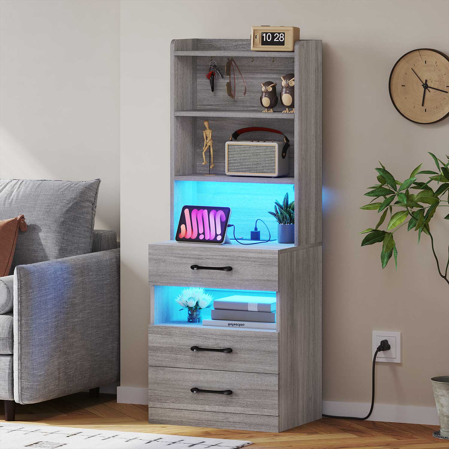 AOGLLATI Nightstands Grey Modern LED Tall Nightstand with Charging Station Grey