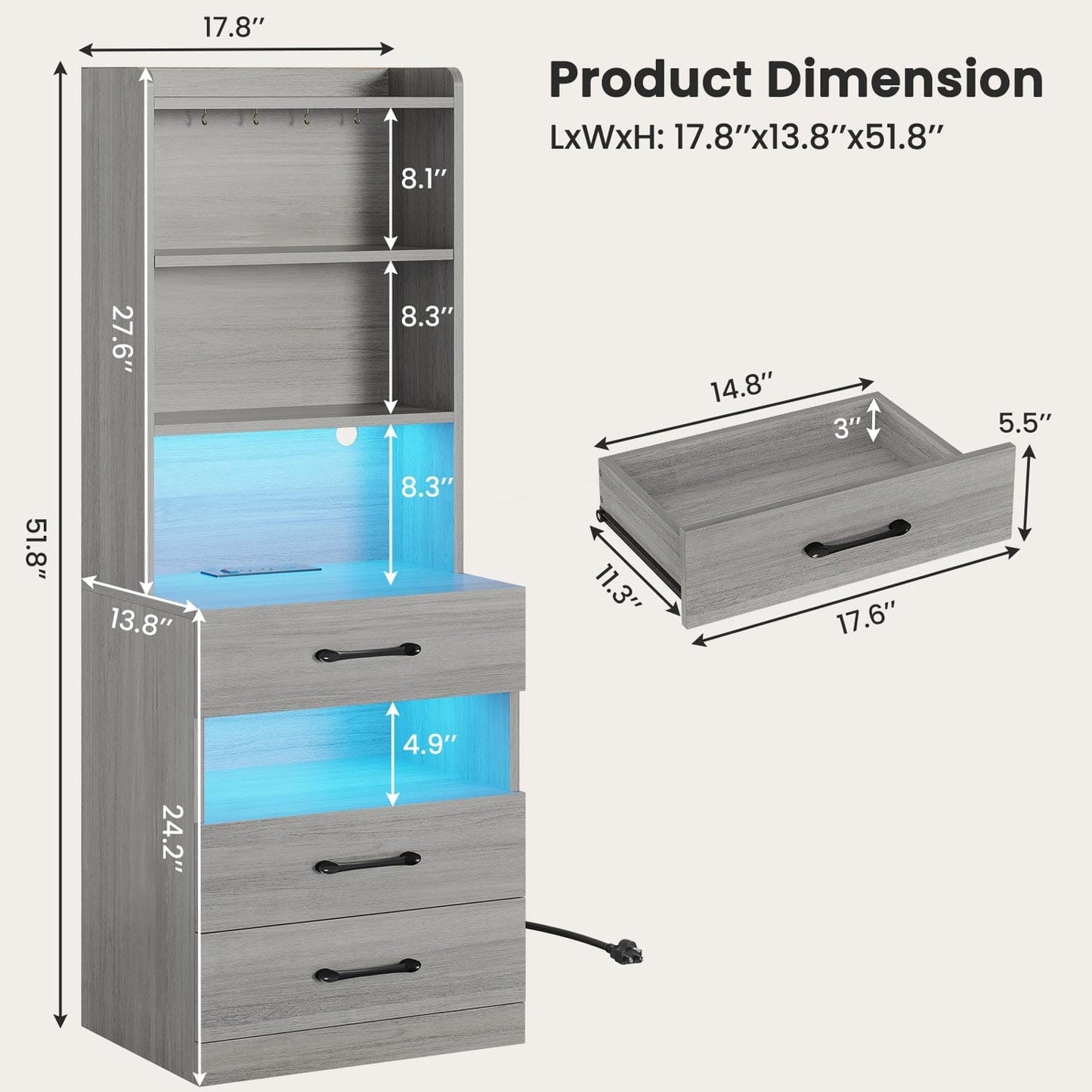 AOGLLATI Nightstands Grey Modern LED Tall Nightstand with Charging Station Grey