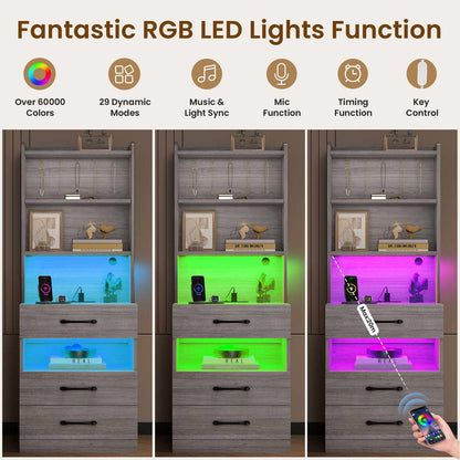 AOGLLATI Nightstands Grey Modern LED Tall Nightstand with Charging Station Grey
