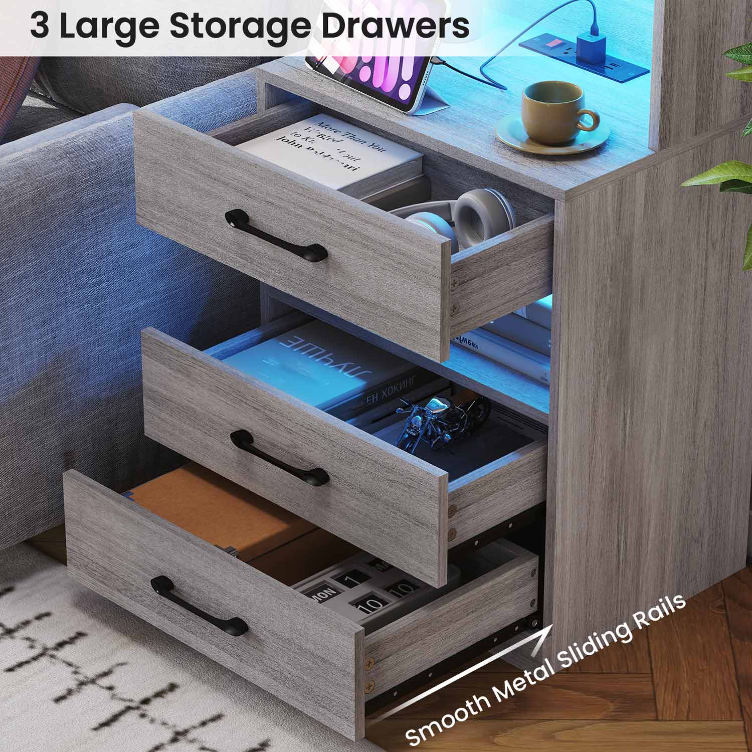 AOGLLATI Nightstands Grey Modern LED Tall Nightstand with Charging Station Grey