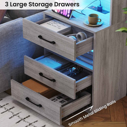 AOGLLATI Nightstands Grey Modern LED Tall Nightstand with Charging Station Grey