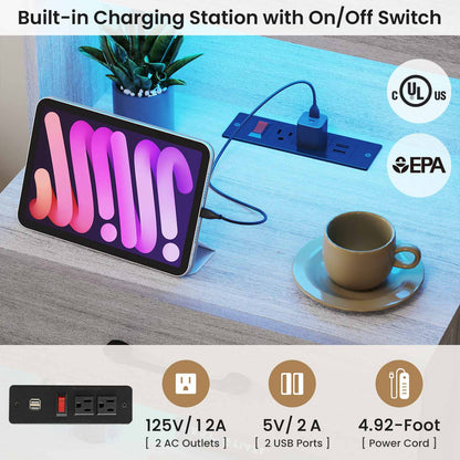 AOGLLATI Nightstands Grey Modern LED Tall Nightstand with Charging Station Grey