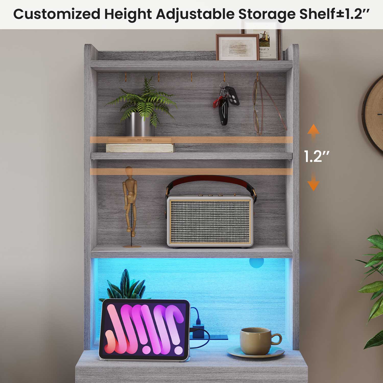 AOGLLATI Nightstands Grey Modern LED Tall Nightstand with Charging Station Grey