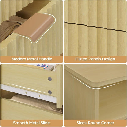 AOGLLATI Nightstands Natural Oak / Engineered Wood / Modern AOGLLATI Fluted Nightstand with Charging Station and LED Lights, Natural Oak