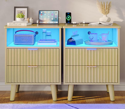 AOGLLATI Nightstands Natural Oak / Engineered Wood / Modern AOGLLATI Fluted Nightstand with Charging Station and LED Lights, Natural Oak
