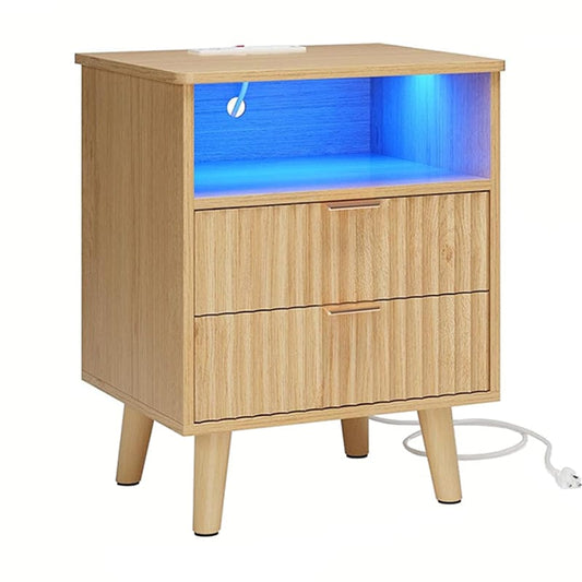AOGLLATI Nightstands Natural Oak / Engineered Wood / Modern AOGLLATI Fluted Nightstand with Charging Station and LED Lights, Natural Oak