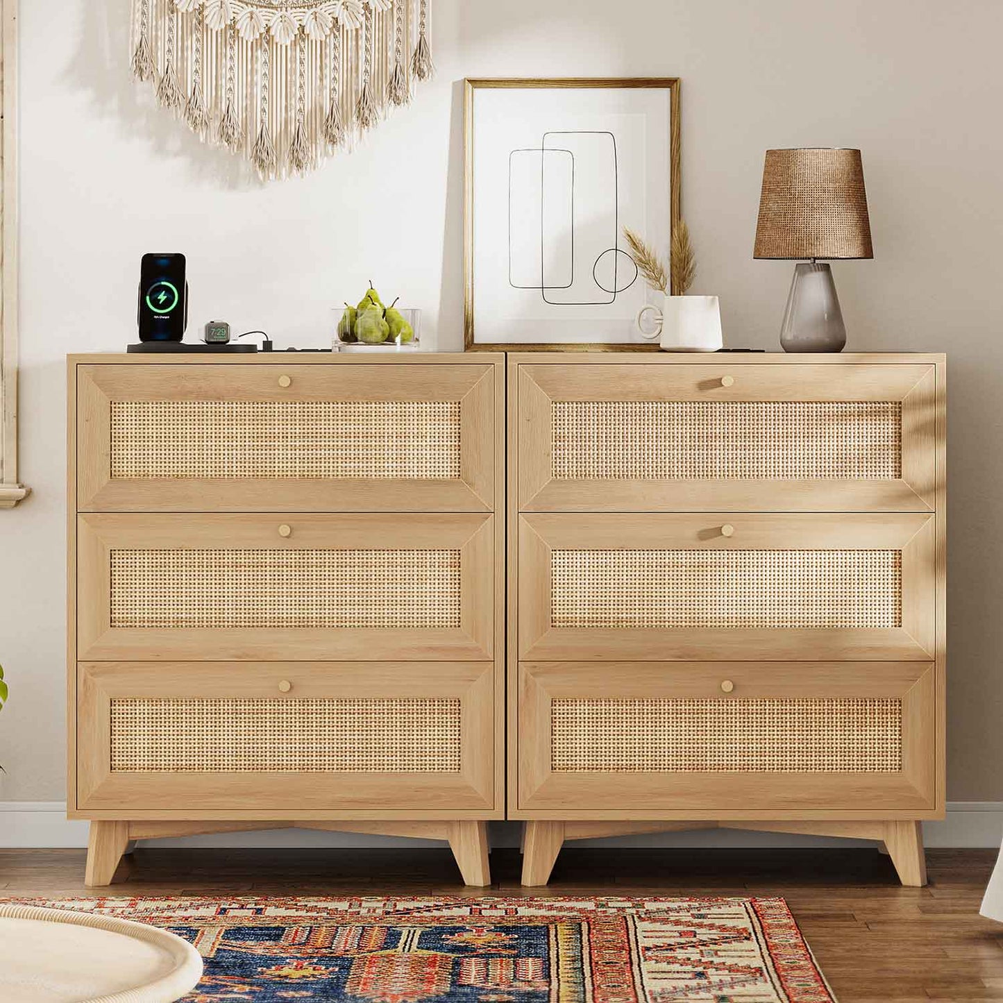 AOGLLATI Nightstands Natural / Rattan / Bohemian AOGLLATI Rattan Nightstand 3 Drawers & Charging Station