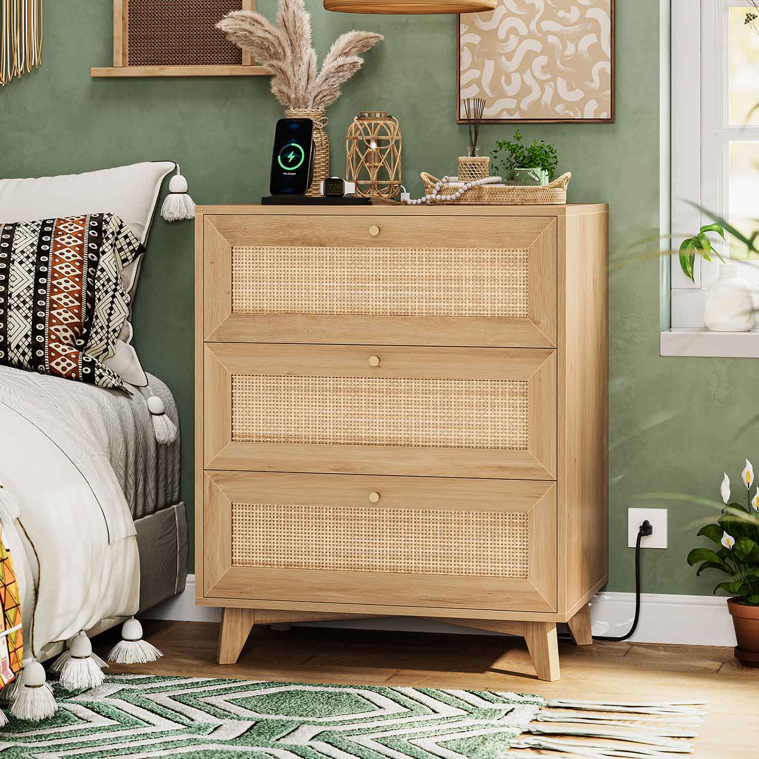 AOGLLATI Nightstands Natural / Rattan / Bohemian AOGLLATI Rattan Nightstand 3 Drawers & Charging Station