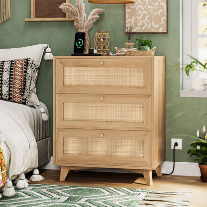 AOGLLATI Nightstands Natural / Rattan / Bohemian AOGLLATI Rattan Nightstand 3 Drawers & Charging Station