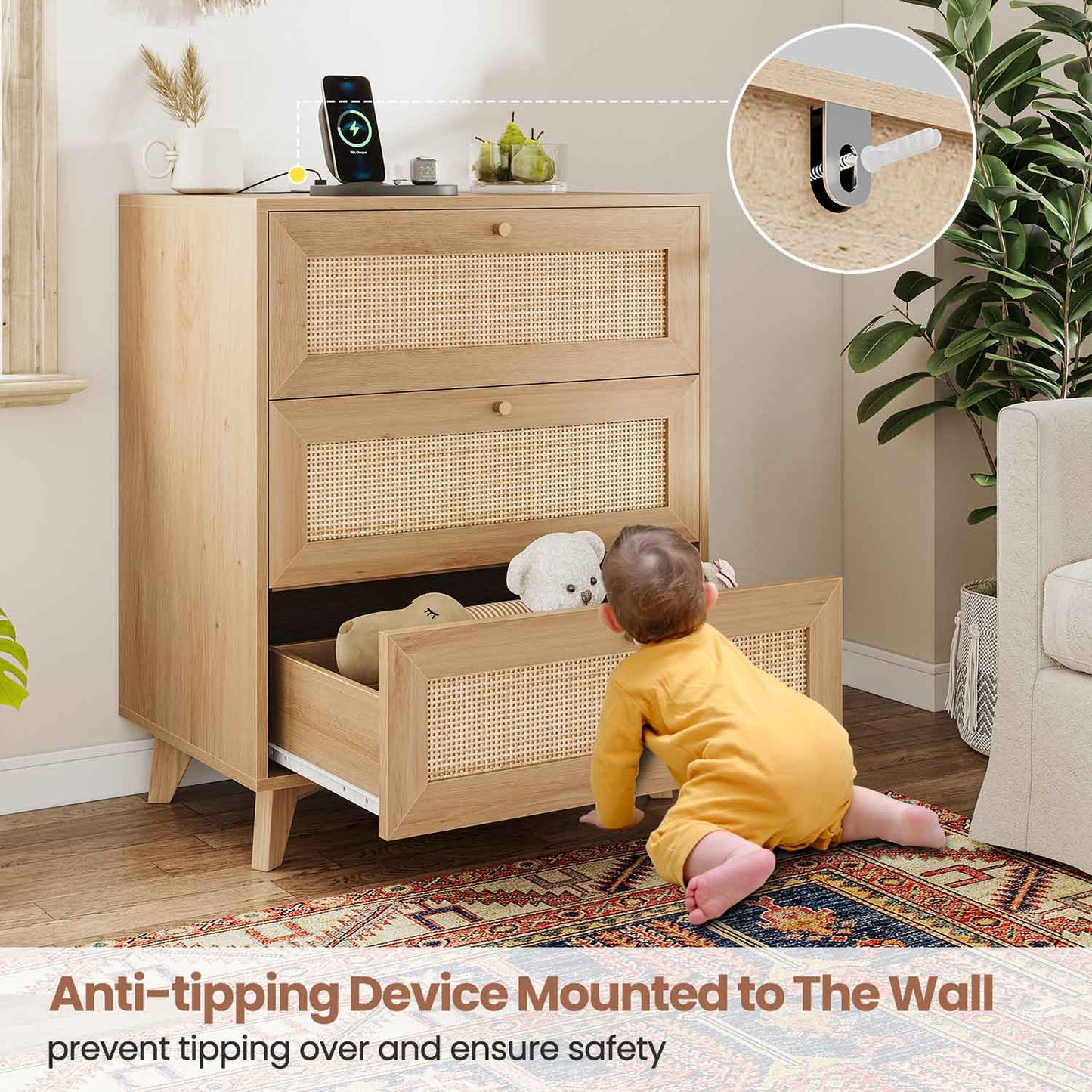 AOGLLATI Nightstands Natural / Rattan / Bohemian AOGLLATI Rattan Nightstand 3 Drawers & Charging Station