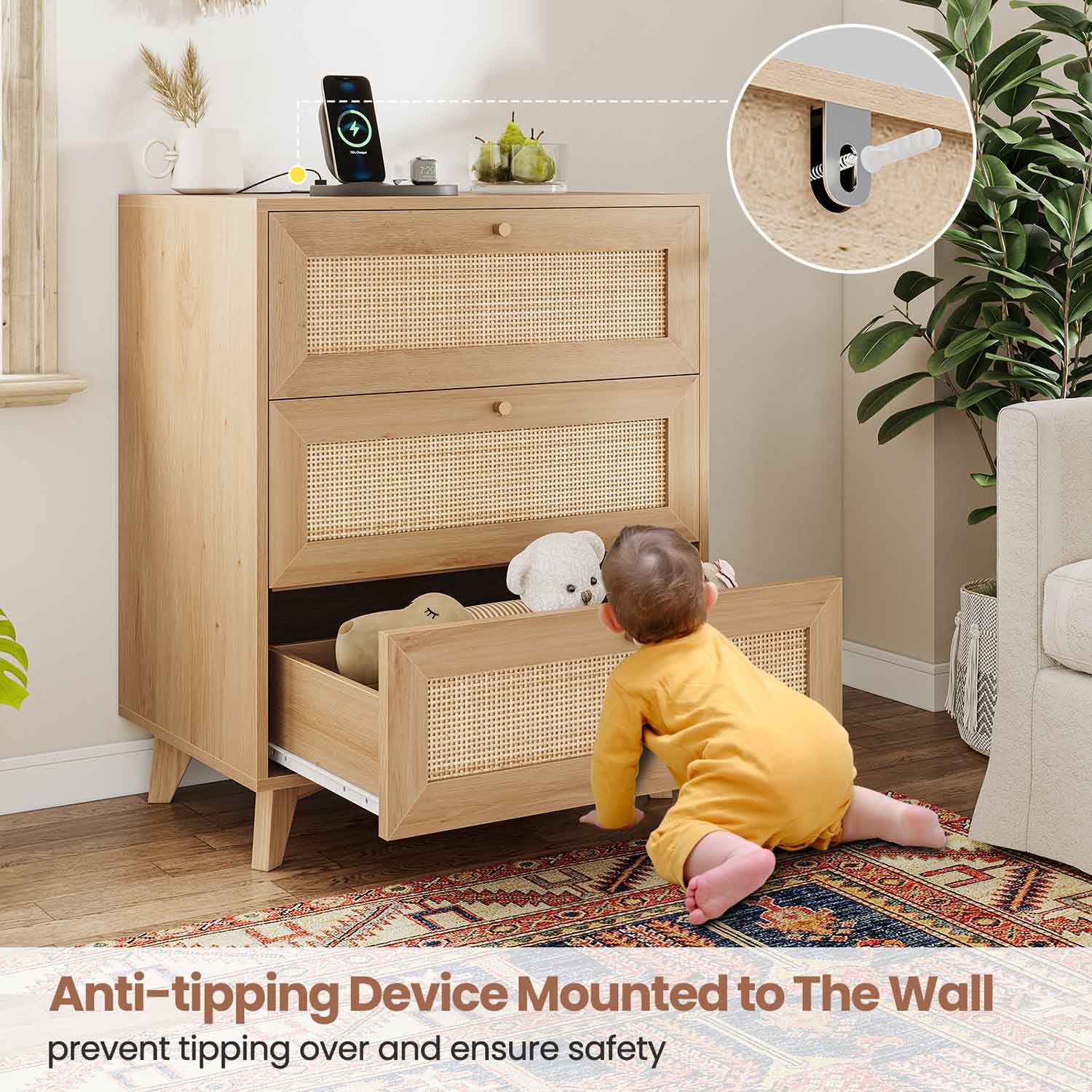 AOGLLATI Nightstands Natural / Rattan / Bohemian AOGLLATI Rattan Nightstand 3 Drawers & Charging Station