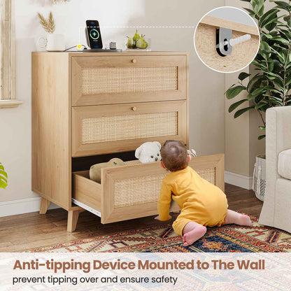 AOGLLATI Nightstands Natural / Rattan / Bohemian AOGLLATI Rattan Nightstand 3 Drawers & Charging Station