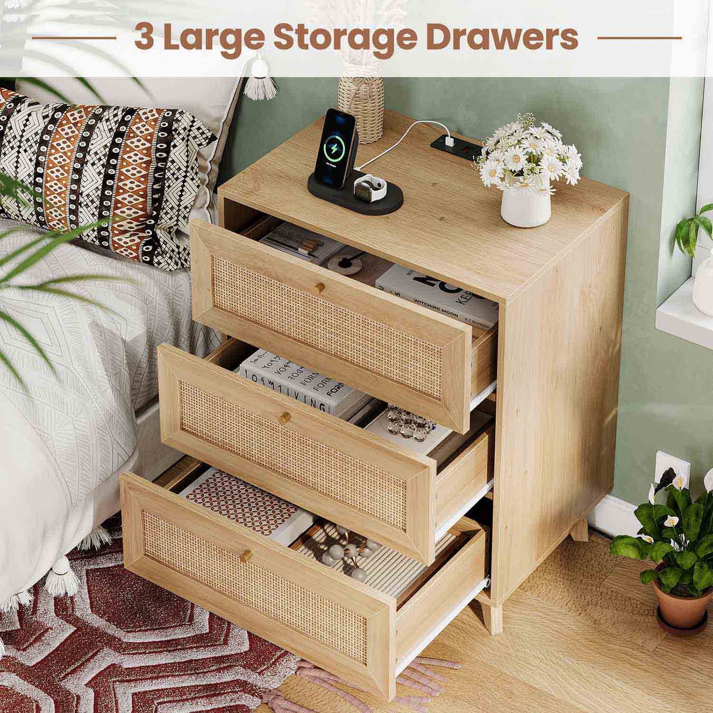 AOGLLATI Nightstands Natural / Rattan / Bohemian AOGLLATI Rattan Nightstand 3 Drawers & Charging Station