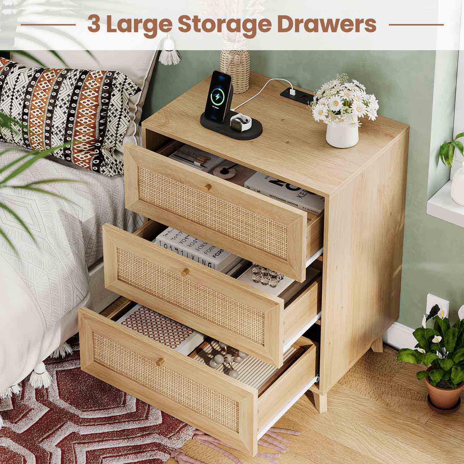 AOGLLATI Nightstands Natural / Rattan / Bohemian AOGLLATI Rattan Nightstand 3 Drawers & Charging Station