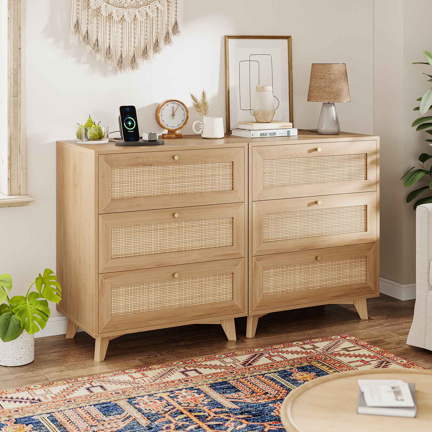 AOGLLATI Nightstands Natural / Rattan / Bohemian AOGLLATI Rattan Nightstand 3 Drawers & Charging Station