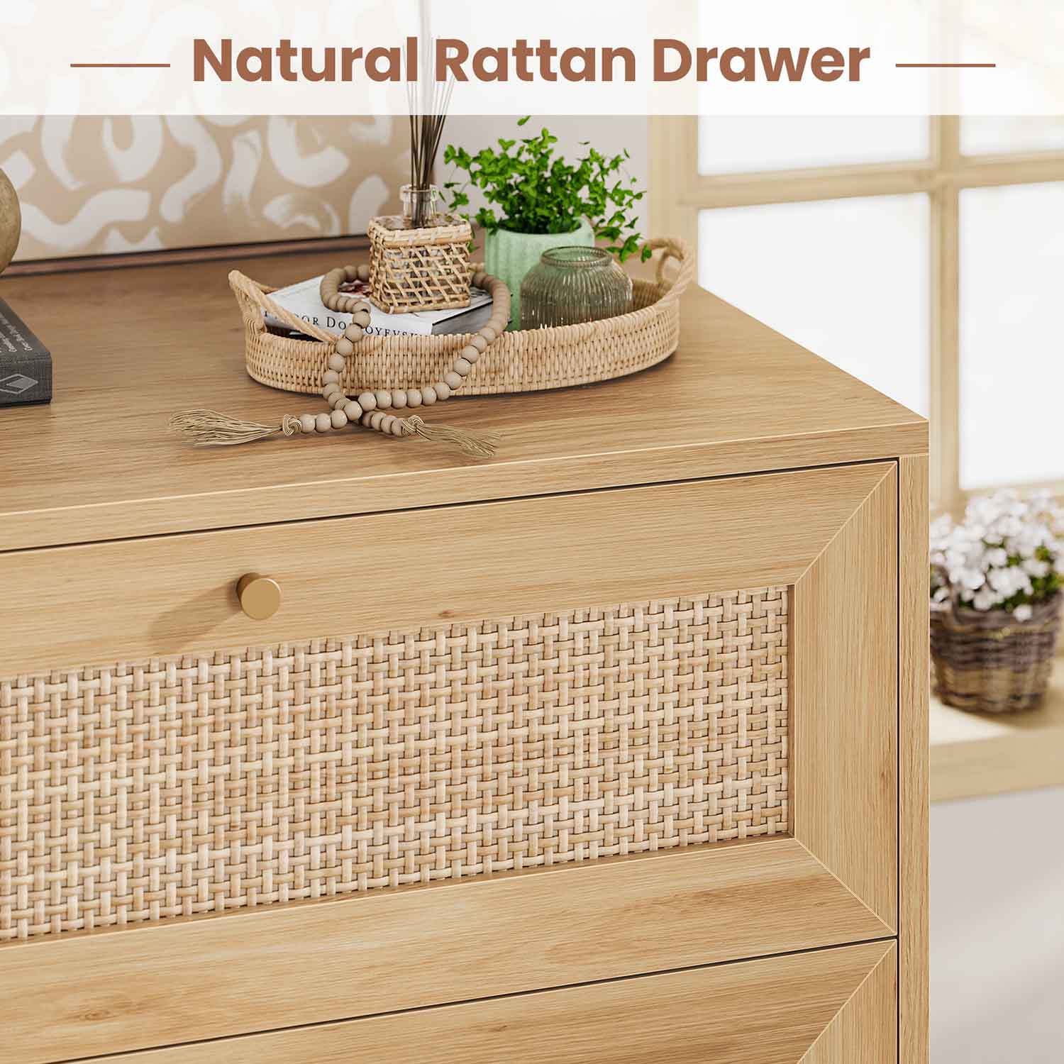 AOGLLATI Nightstands Natural / Rattan / Bohemian AOGLLATI Rattan Nightstand 3 Drawers & Charging Station