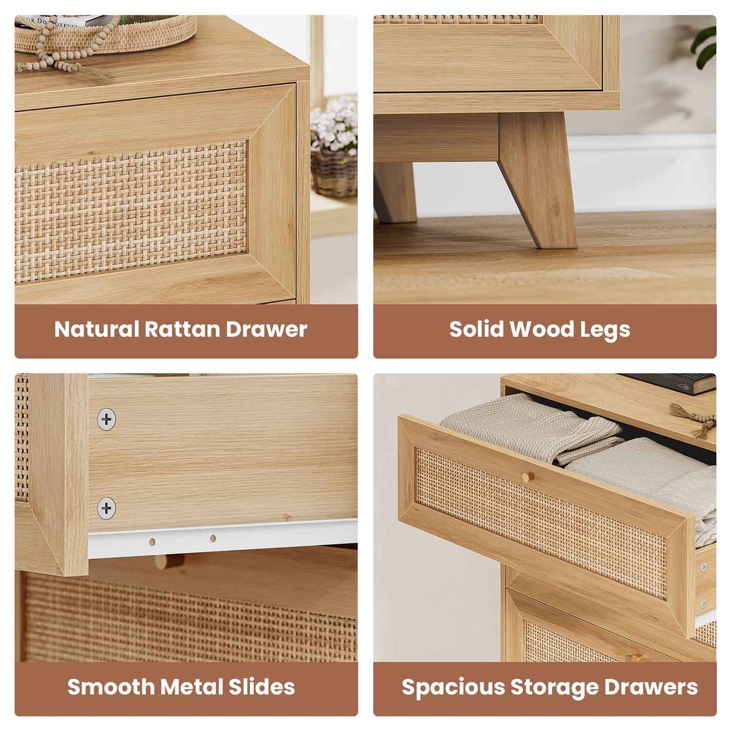 AOGLLATI Nightstands Natural / Rattan / Bohemian AOGLLATI Rattan Nightstand 3 Drawers & Charging Station