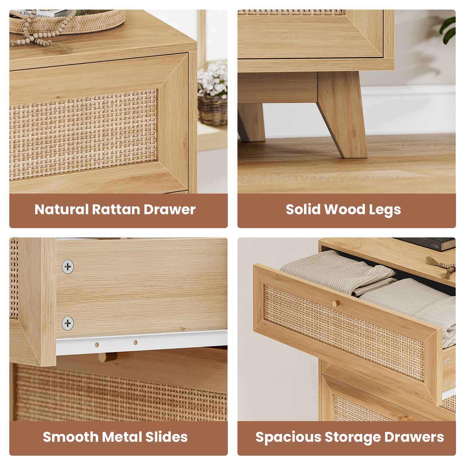 AOGLLATI Nightstands Natural / Rattan / Bohemian AOGLLATI Rattan Nightstand 3 Drawers & Charging Station