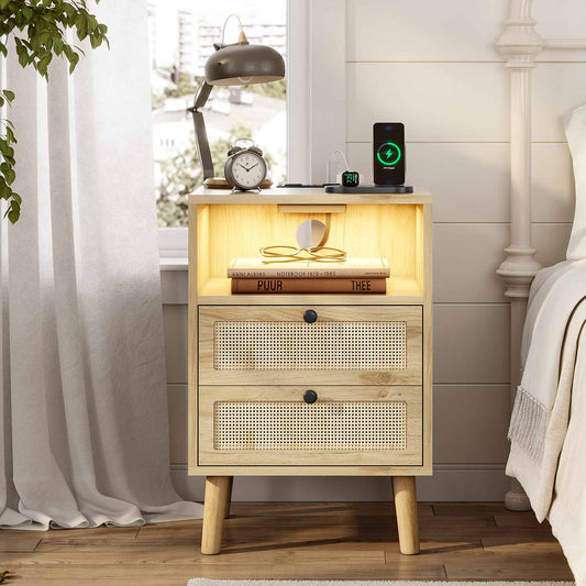 AOGLLATI Nightstands Natural / Rattan / Bohemian AOGLLATI Rattan Nightstand with Charging Station and LED Lights Natural