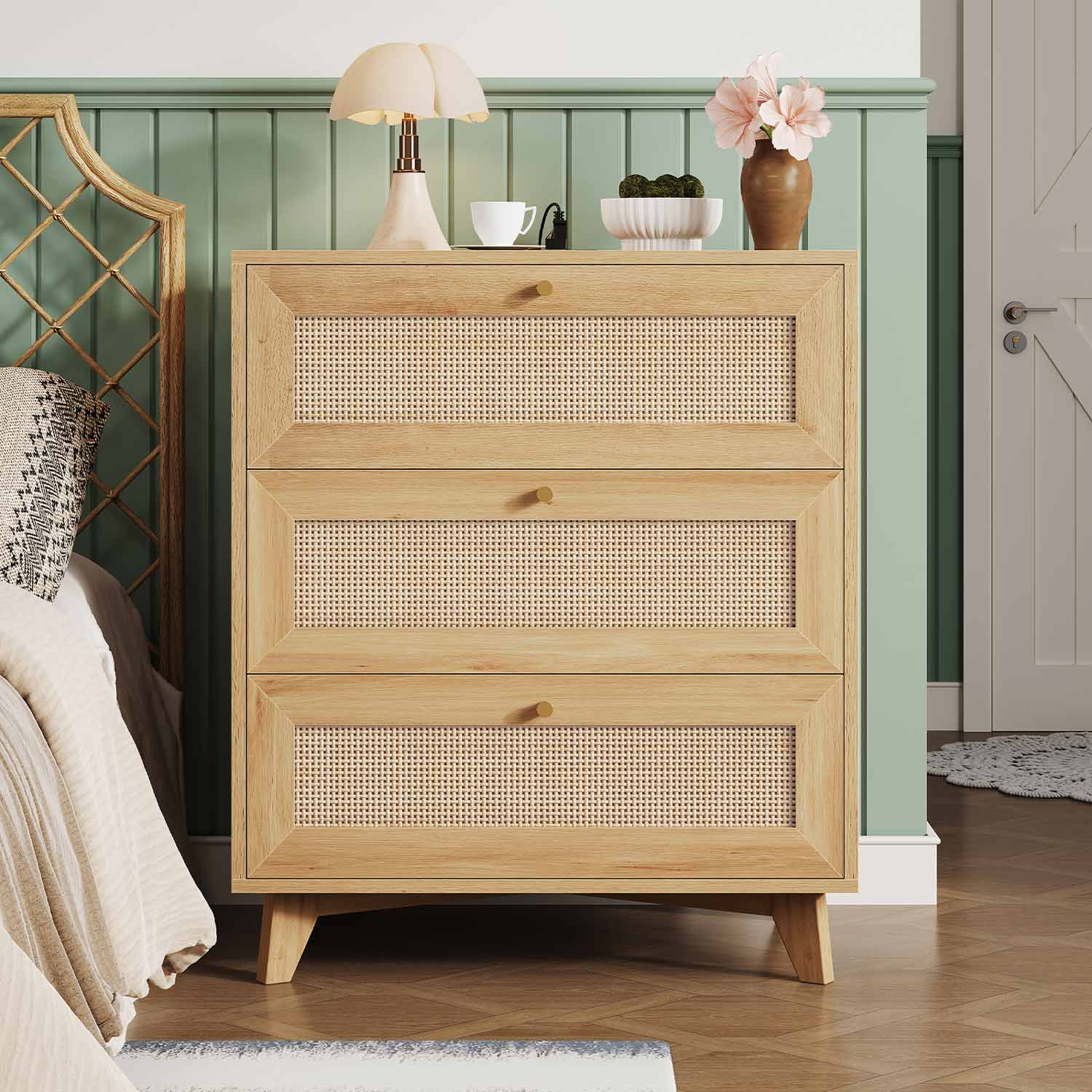 AOGLLATI Nightstands Natural Rattan Nightstand with Charging Station & 3 Drawers Natural