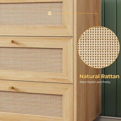 AOGLLATI Nightstands Natural Rattan Nightstand with Charging Station & 3 Drawers Natural