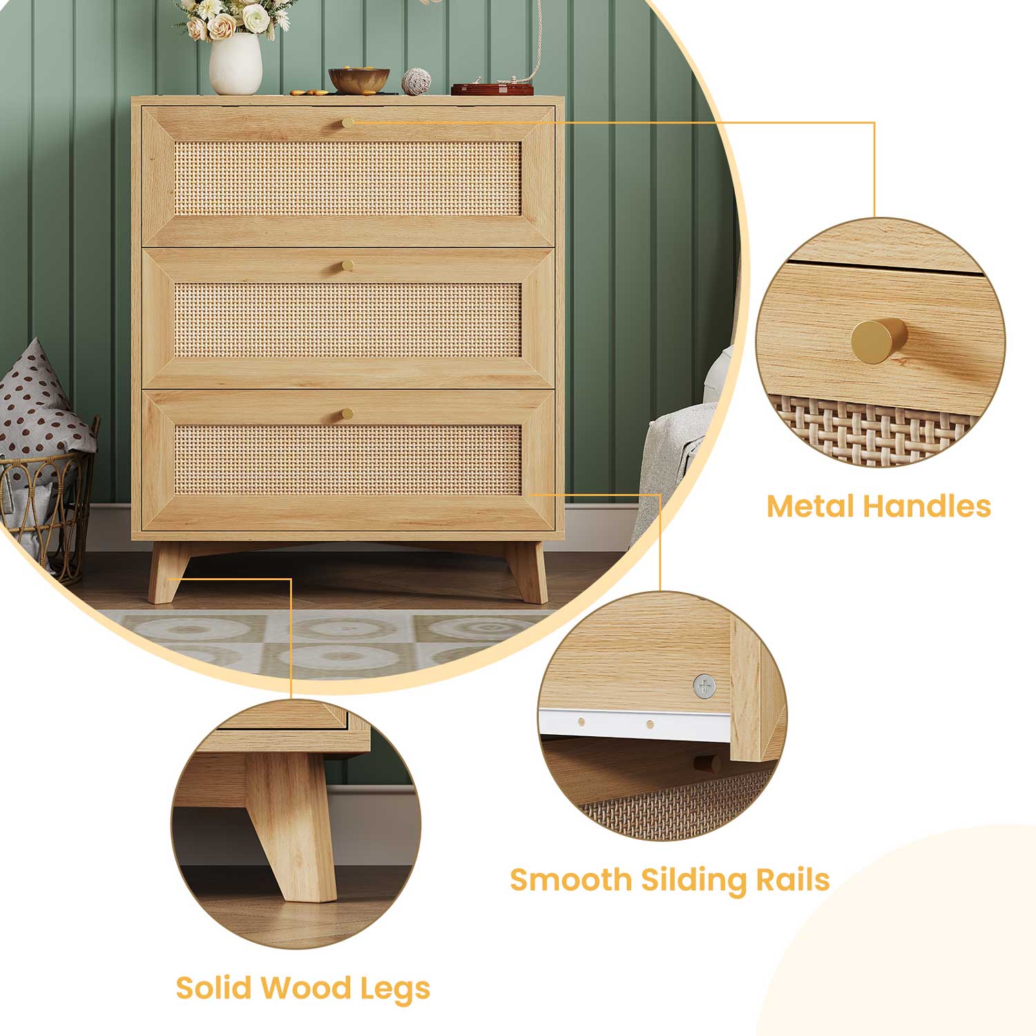 AOGLLATI Nightstands Natural Rattan Nightstand with Charging Station & 3 Drawers Natural