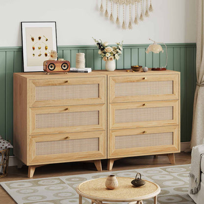 AOGLLATI Nightstands Natural Rattan Nightstand with Charging Station & 3 Drawers Natural