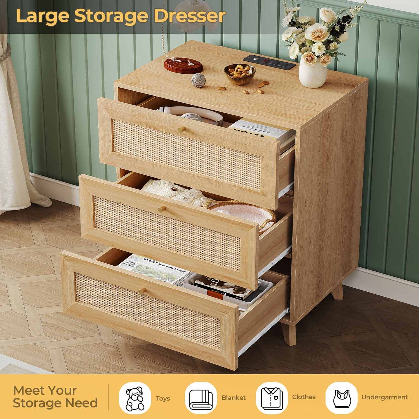 AOGLLATI Nightstands Natural Rattan Nightstand with Charging Station & 3 Drawers Natural