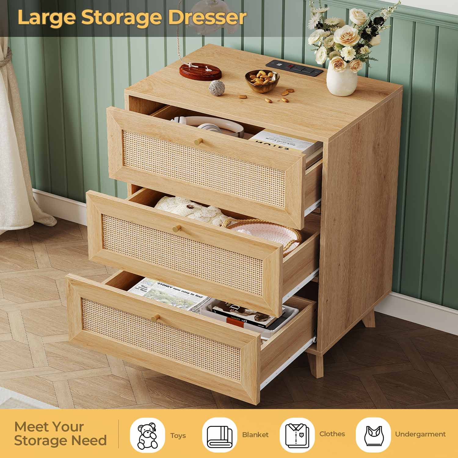 AOGLLATI Nightstands Natural Rattan Nightstand with Charging Station & 3 Drawers Natural