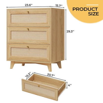 AOGLLATI Nightstands Natural Rattan Nightstand with Charging Station & 3 Drawers Natural