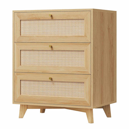 AOGLLATI Nightstands Natural Rattan Nightstand with Charging Station & 3 Drawers Natural