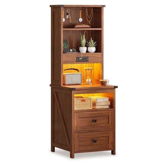 AOGLLATI Nightstands Oak Brown / Engineered Wood / Farmhouse Tall Nightstand with Charging Station Oak Brown