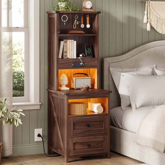AOGLLATI Nightstands Oak Brown / Engineered Wood / Farmhouse Tall Nightstand with Charging Station Oak Brown