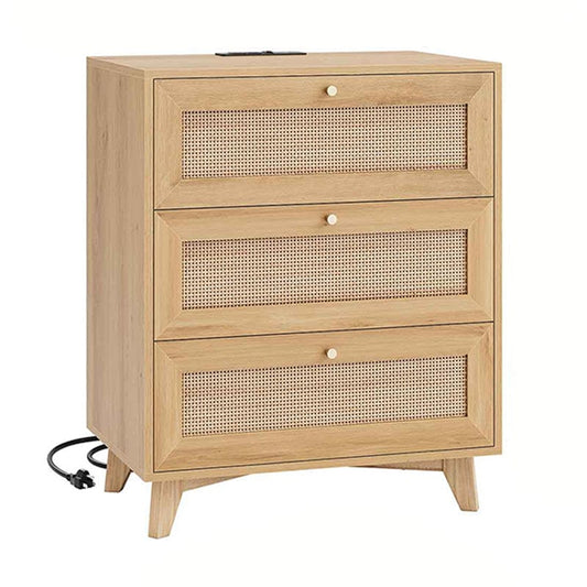 AOGLLATI Nightstands Natural / Rattan / Bohemian AOGLLATI Rattan Nightstand 3 Drawers & Charging Station