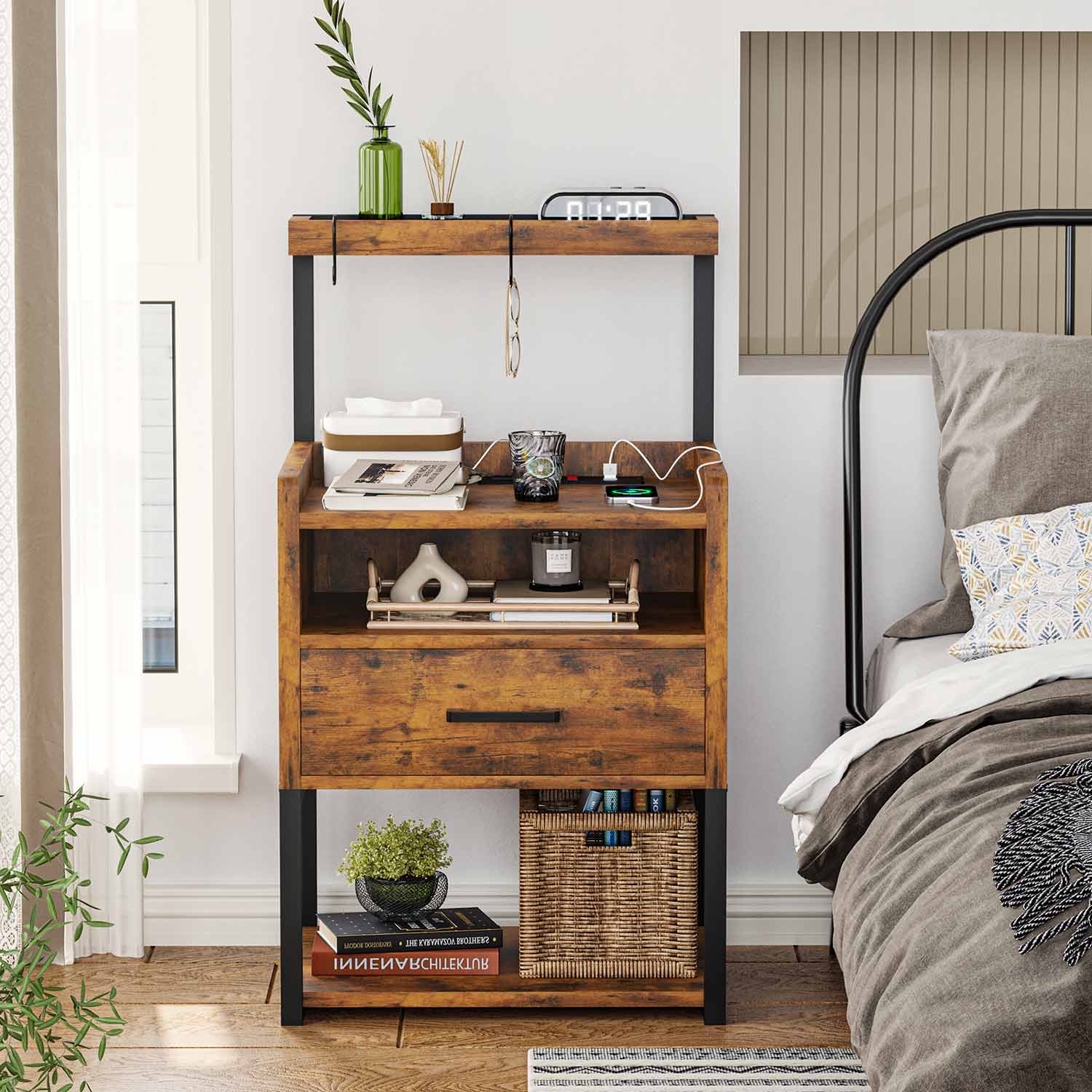 AOGLLATI Nightstands Rustic Brown / Metal / Modern AOGLLATI Nightstand with Charging Station Rustic Brown