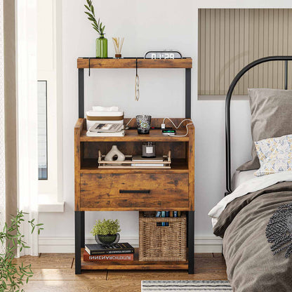 AOGLLATI Nightstands Rustic Brown / Metal / Modern AOGLLATI Nightstand with Charging Station Rustic Brown