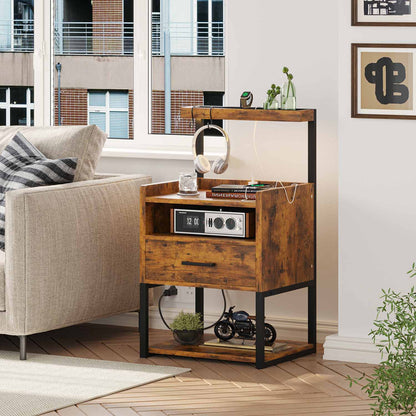 AOGLLATI Nightstands Rustic Brown / Metal / Modern AOGLLATI Nightstand with Charging Station Rustic Brown