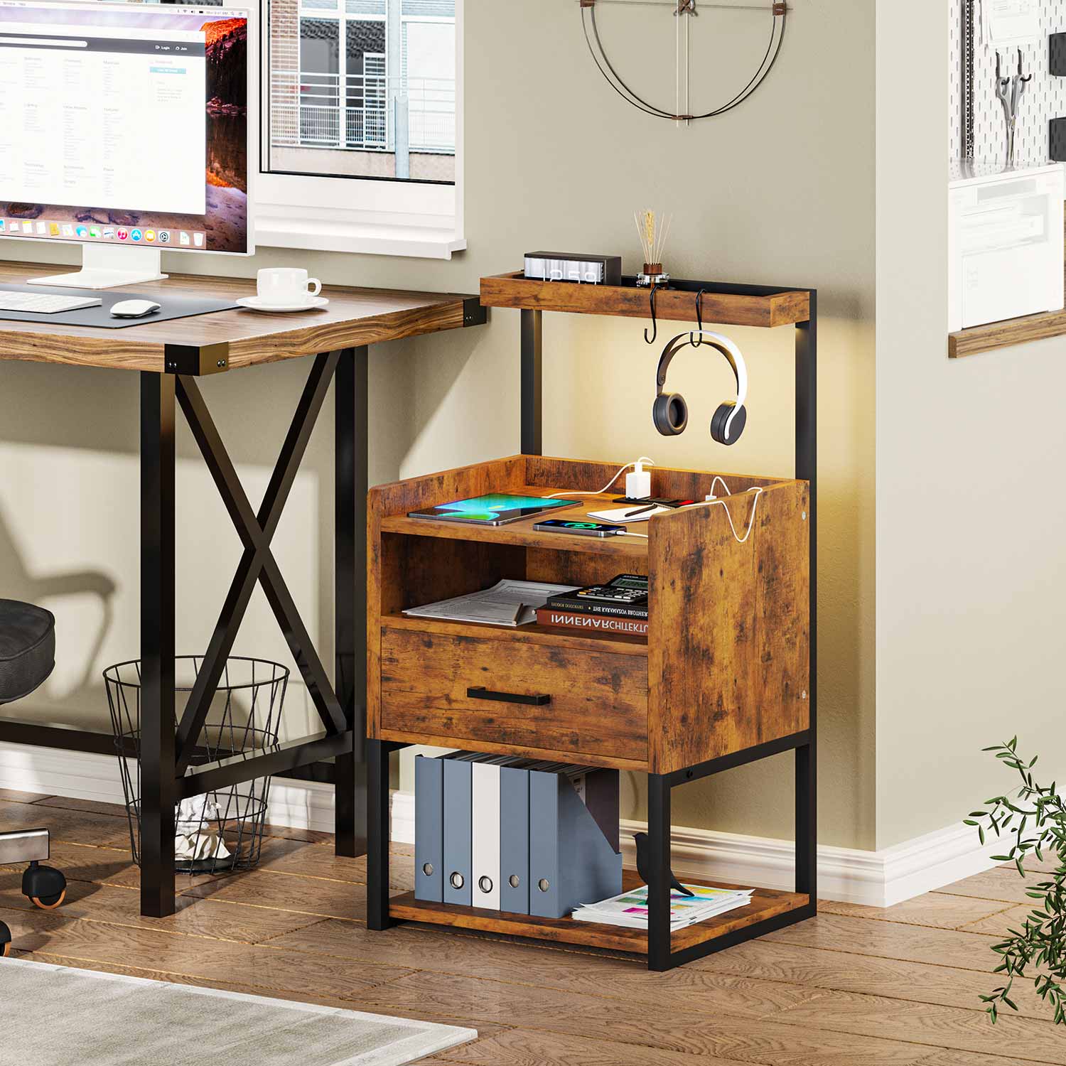 AOGLLATI Nightstands Rustic Brown / Metal / Modern AOGLLATI Nightstand with Charging Station Rustic Brown