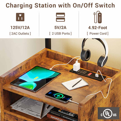 AOGLLATI Nightstands Rustic Brown / Metal / Modern AOGLLATI Nightstand with Charging Station Rustic Brown