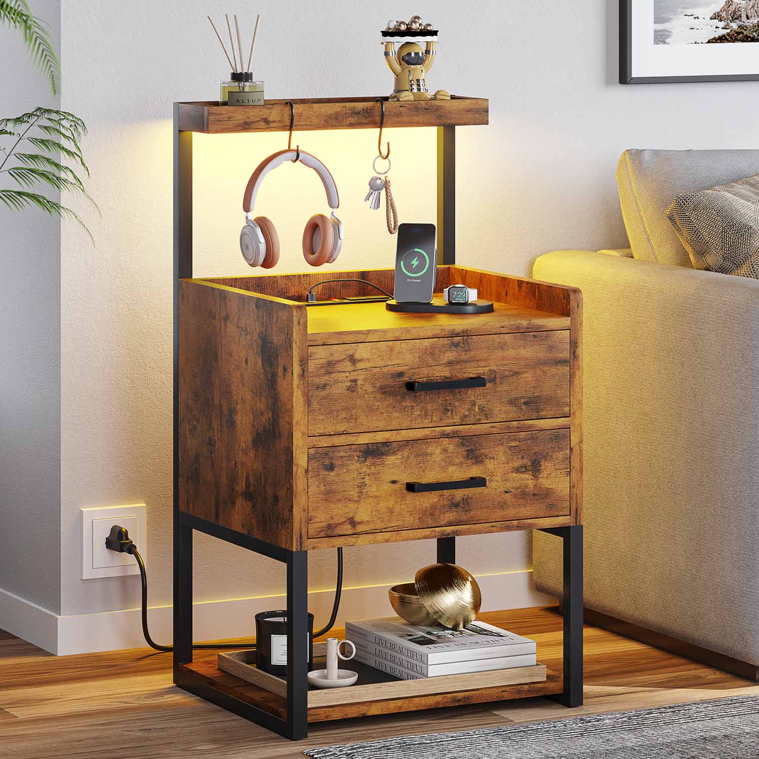AOGLLATI Nightstands Rustic Brown / Metal / Modern AOGLLATI Nightstand with LED Lights and Charging Station Rustic Brown
