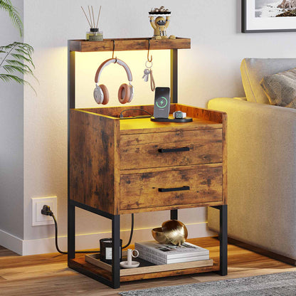 AOGLLATI Nightstands Rustic Brown / Metal / Modern AOGLLATI Nightstand with LED Lights and Charging Station Rustic Brown