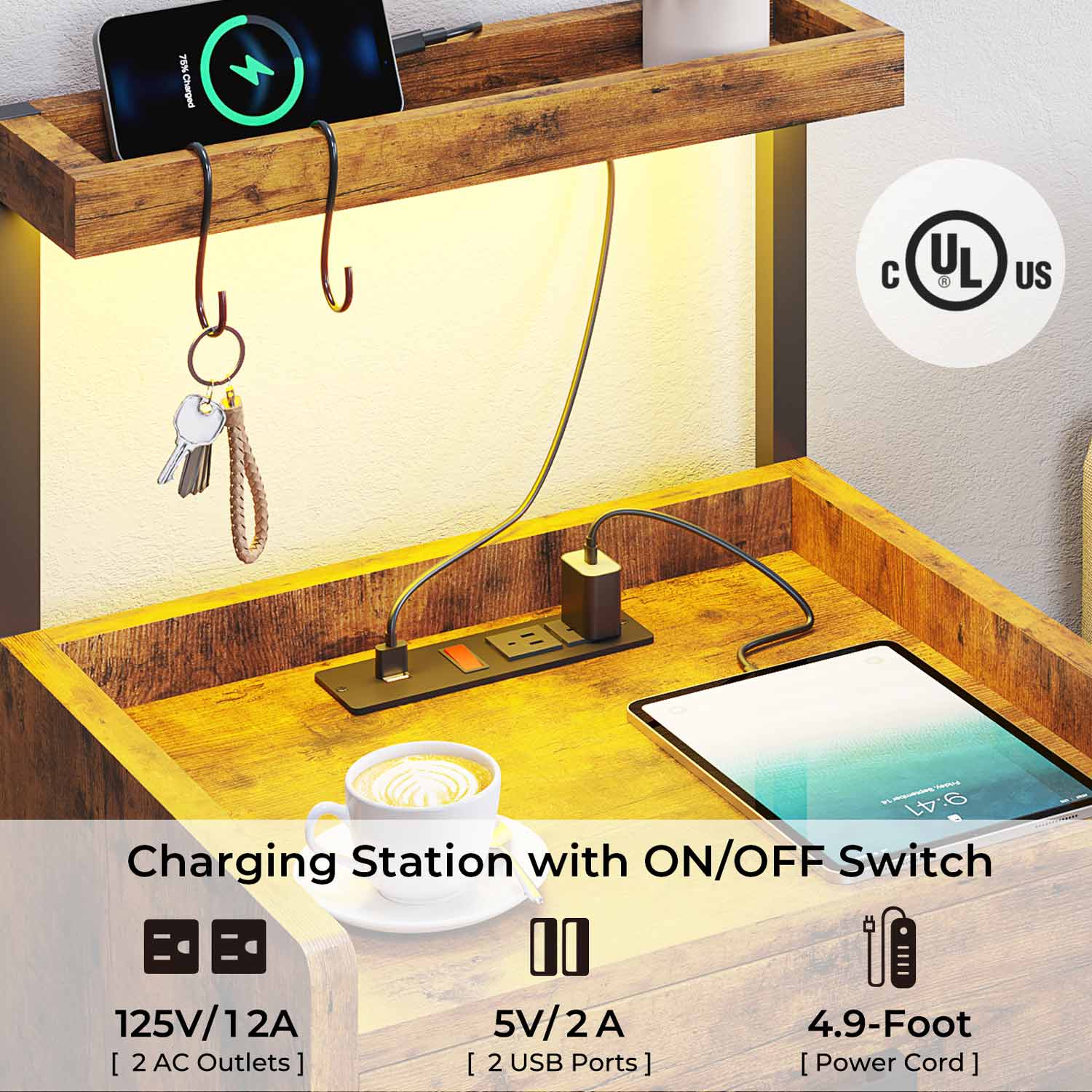 AOGLLATI Nightstands Rustic Brown / Metal / Modern AOGLLATI Nightstand with LED Lights and Charging Station Rustic Brown