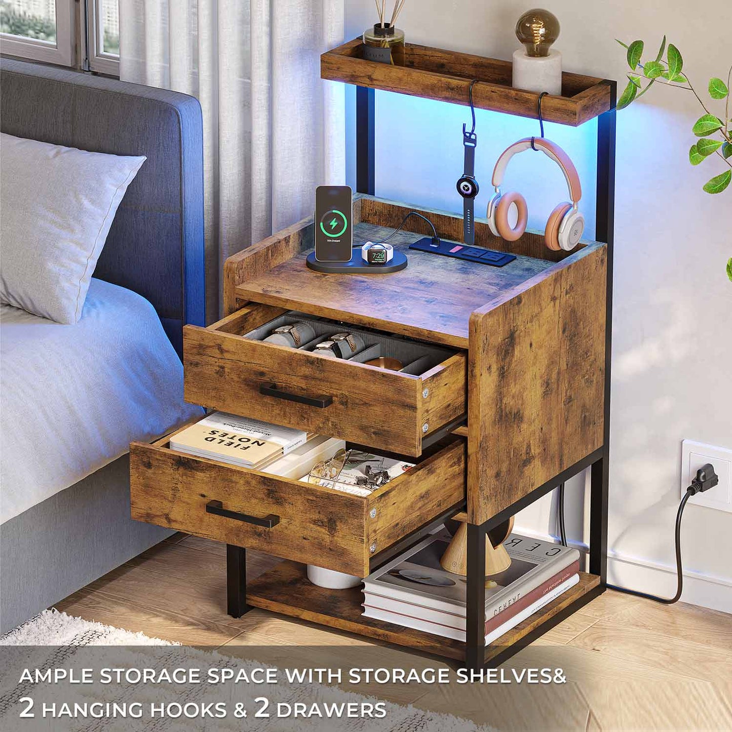 AOGLLATI Nightstands Rustic Brown / Metal / Modern AOGLLATI Nightstand with LED Lights and Charging Station Rustic Brown